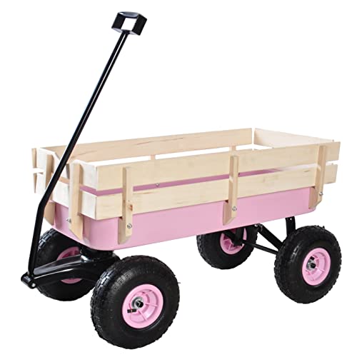 Outdoor Sport Pink Wagon All Terrain Pulling w/Removable Wooden Side Panels Air Tires Big Foot Panel Wagon 176 lbs. Weight Capacity Sturdy All Steel Wagon Bed, Children Kids' Pull-Along Wagons (Pink)