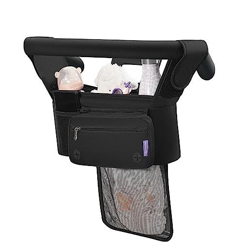 RUVALINO Stroller Organizer with Cup Holders - Stroller Caddy with Detachable Bag, Tissue Pocket, Non-Slip Strap Accessories for Uppababy, Umbrella, Wagon, Baby Jogger, Bob, and Pet Stroller