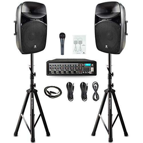 PRORECK MX15 15inch 2500W Bluetooth Powered PA System Mixer/Amp with Stands/Mic Effect Controller 48V Phantom Power, Audio Interface