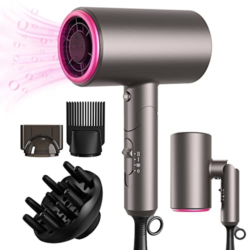 Ionic Hair Dryer - LARMHOI 1800W Professional Negative Ions Hair Blow Dryer with 3 Heating/2 Speed/Cold Settings, 2 Nozzles and 1 Diffuser, Foldable Blow Dryer for Home, Travel, Salon Use