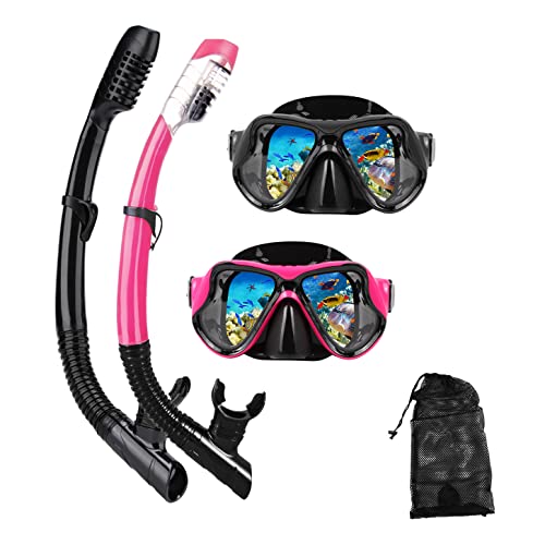 Snorkeling Gear for Adults Snorkel mask Set Scuba Diving mask Dry Snorkel Swimming Glasses Swim Dive mask Nose Cover Youth Free Diving (Black+Pink（2 Pack）)