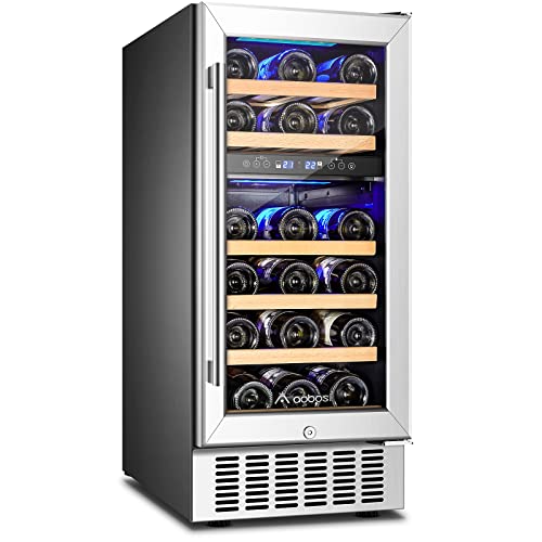 AAOBOSI 【Upgraded】 15 Inch Wine Cooler, 28 Bottle Dual Zone Wine Refrigerator with Stainless Steel Tempered Glass Door,Memory Function, Fit Champagne Bottles, Wine Fridge Freestanding and Built-in