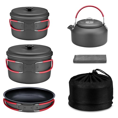 ALOCS Camping Cookware Set,Durable Aluminum Camping Cooking Set, Compact Camping Pots and Pans Set with Kettle, Non-Stick Camping Pan Camping Essentials for Outdoor Cooking, Hiking, and Picnics.