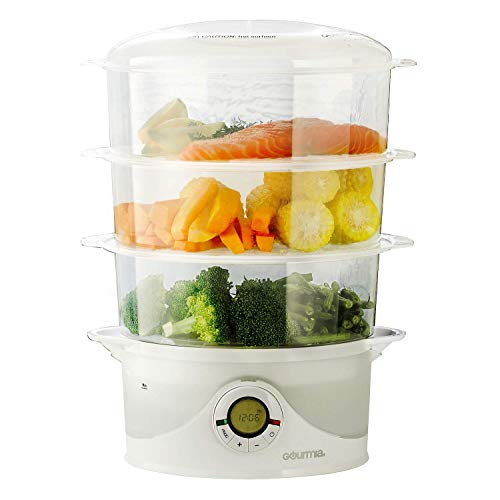 Gourmia GFS300 SteamTower300 Electronic Digital 3 Tier Vegetable and Food Steamer, 9.5 quart, BPA Free - Clear - Free Recipe Book Included