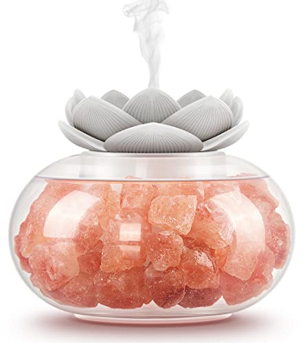 Essential Oil Diffusers Salt Lamp: YJY Small Aromatherapy Diffuser for Bedroom Home Office, Himalayan Pink Crystal Cute Lotus Auto Shut-Off 7 Colors LED Night Light - White