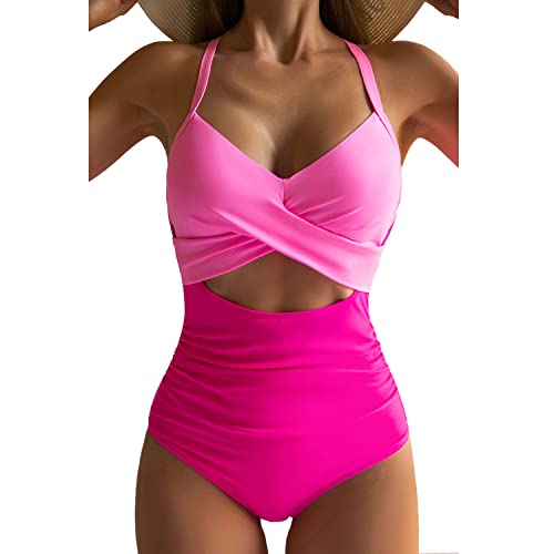 Eomenie Women's One Piece Swimsuits Tummy Control Cutout High Waisted Bathing Suit Wrap Tie Back 1 Piece Swimsuit Pink Color Block