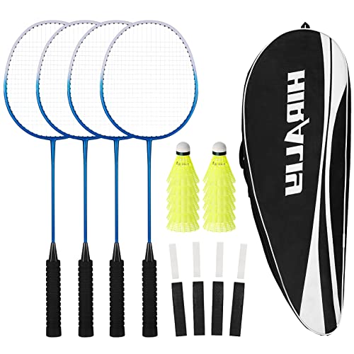 HIRALIY Badminton Rackets Set of 4 for Outdoor Backyard Games, Including 4 Rackets, 12 Nylon Shuttlecocks, 4 Replacement Grip Tapes (Blue)