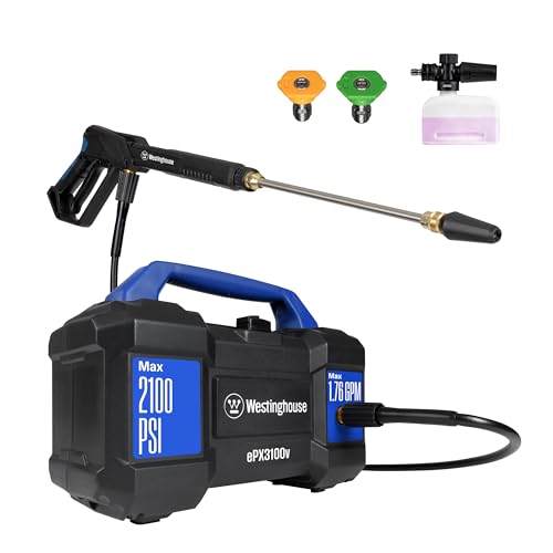Westinghouse ePX3100v Electric Pressure Washer, 2100 Max PSI 1.76 Max GPM, Built-in Carry Handle, Detachable Foam Cannon, Pro-Style Steel Wand, 4-Nozzle Set, for Cars/Fences/Driveways/Home/Patios