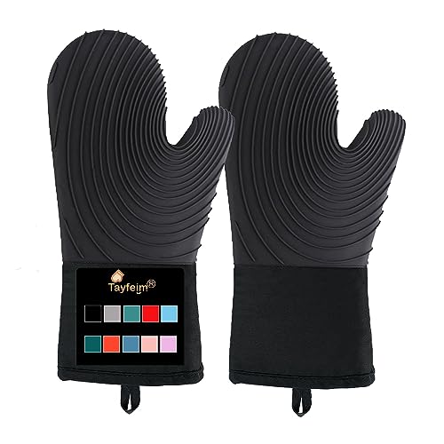 Tayfeim Silicone Oven Mitts - Black Oven Mitts Heat Resistant 500F 13.6 IN Soft Lining Waterproof Grippy Design BPA-Free Flex Oven Gloves - Oven Mits Set for Cooking Baking Kitchen Mittens Pot Holders
