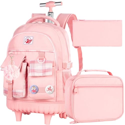 gxtvo 3PCS Rolling Backpack for Girls, Women Wheeled Bookbag with Lunch Box for Adults, Kids Water Resistant Roller School Bag for Teens Travel - Pink