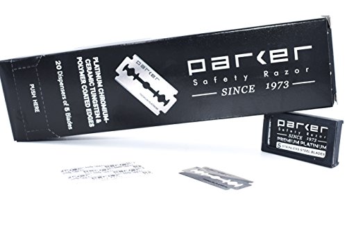 100 Count, Parker Safety Razor Double Edge Safety Razor Blades, Premium Platinum Stainless Steel Razor Blades with PTFE, Tungsten and Chromium Coated Edges for Smooth, and Comfortable Shaves