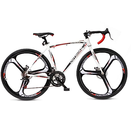 Max4out 700C Wheel Road Commuter Bike, 14/21 Speed Shifter, Dual Disc Brakes Racing Bicycle with Aluminum Alloy Frame for Men and Women (K-White red)