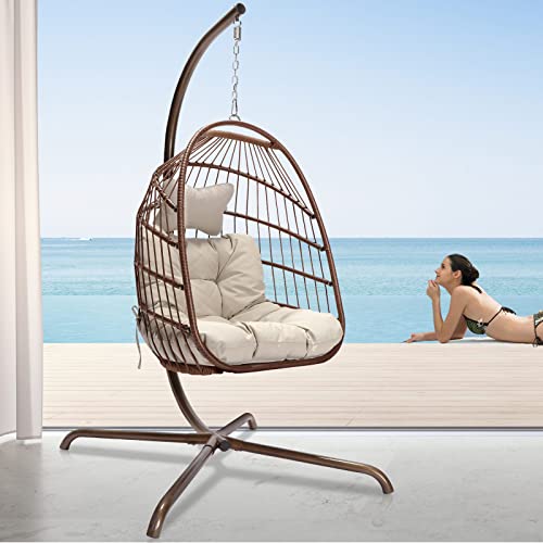 NICESOUL® Egg Chair Indoor Outdoor Patio Wicker Hanging Chair with Stand Swing Egg Chairs UV Resistant Beige Cushions 350lbs Capacity for Patio Bedroom Balcony (Brown)
