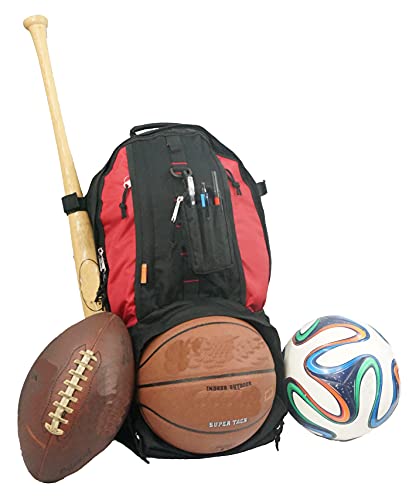 K-Cliffs Baseball Backpack Softball Daypack Basketball Volleyball Backpack Football Soccer Bag w/Ball Storage Helmet Compartment & Bat Holder & Coin Phone Pouch - Black/Red By Praise Start