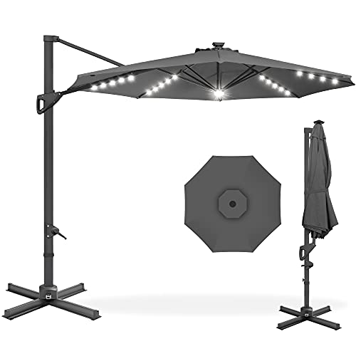 Best Choice Products 10ft Solar LED Cantilever Patio Umbrella, 360-Degree Rotation Hanging Offset Market Outdoor Sun Shade for Backyard, Deck, Poolside w/Lights, Easy Tilt, Cross Base - Gray