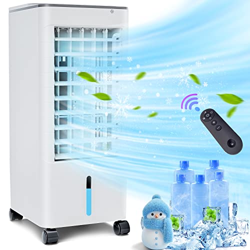 Portable Air Conditioner Evaporative Air Cooler, Adjustable Normal & Cool Mode with 3 Speeds, 20Ft Remote Control, 12 Hour Timer, 50 Degree Oscillation, 5 Ice Packs, Ideal for Home School Office