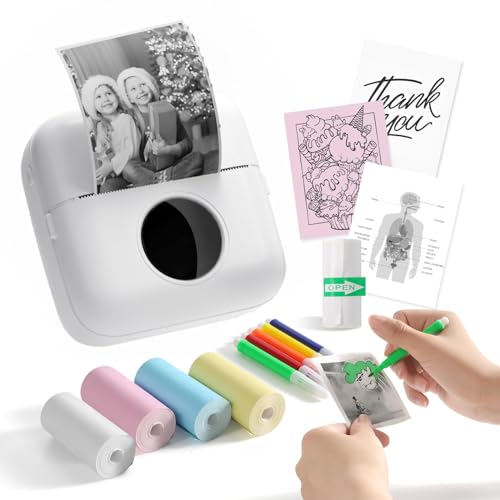Portable Thermal Sticker Printer for iPhone - Picture, Photo, Label Print Pod Bluetooth Mini Printer, Inkless Mini Pocket Printer Machine with 5 Rolls Paper & 5 Marker Pens - White
