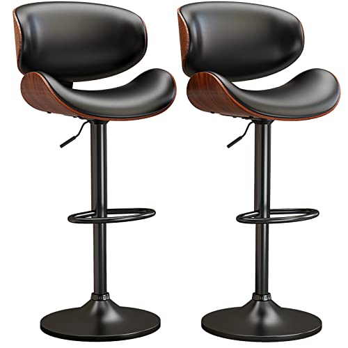 YaFiti Swivel Bar Stools Set of 2 for Kitchen Counter, Adjustable Bentwood Barstools, Modern PU Leather Upholstered Bar Chair with Back and Footrest, for Bar, Kitchen, Dining Room, Black