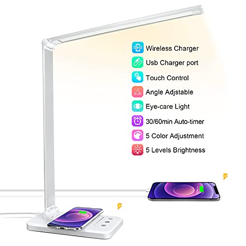 JOSTIC LED Desk Lamp with Wireless Charger, USB Charging Port, Desk Light with 10 Brightness, 5 Color Modes, Dimmable Eye Caring Reading Desk Lamps for Home Office, Touch Control, Auto Timer, White