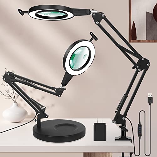 Magnifying Glass with Light, 5X & 10X Magnifying Lamp, 2-in-1 Magnifying Lamp & Clamp, Touch Control 3 Modes Stepless Dimmable LED Lighted Magnifier for Close Work Crafting Repair Hobby