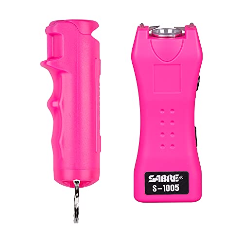 SABRE Pepper Spray & 2-in-1 Stun Gun with Flashlight, Self Defense Kit, Fast Flip Top Safety, Finger Grip for Better & Faster Aim, Painful 1.60 µC Charge, 120 Lumen LED Light, Rechargeable Battery