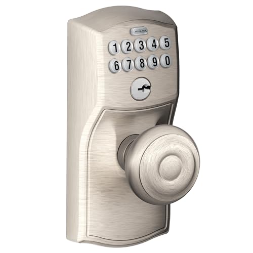 SCHLAGE FE595 CAM 619 GEO Camelot Keypad Entry with Flex-Lock and Georgian Style Knobs, Satin Nickel