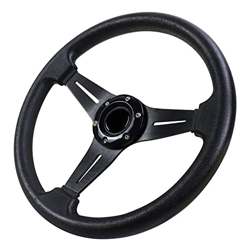 QYMOPAY Universal Racing Steering Wheel, 13.8 Inch 6 Bolt Anti-Slip Leather and Aluminum Gaming Steering Wheel with Horn Button for Racing/Car Sim Driving/JDM Sports Racing Steering Whee (black)