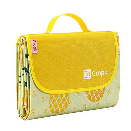 Gropki Extra Large 80'x 60'Outdoor Multifunctional Foldable Picnic Blanket, Dual Layers Waterproof and Sandproof for Camping, Beach, Park, Patio on Grass. 80'x 60' 1Pcs (Pineapple