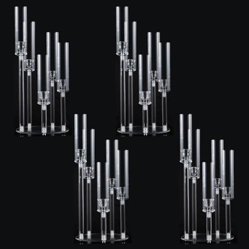 Wocadle 4 Pcs Acrylic Candelabra Centerpieces for Wedding,Clear 5 Arms Candlesticks Holder with Acrylic Shade for Dinner Party Valentine's dayCenterpieces for Table Decoration Fit 0.8 LED Candle