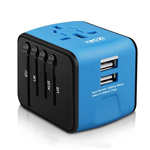 HAOZI Universal Travel Adapter, All-in-one International Power Adapter with 2.4A Dual USB, European Wall Charger for UK, EU, AU, Asia Covers 150+Countries (Blue)