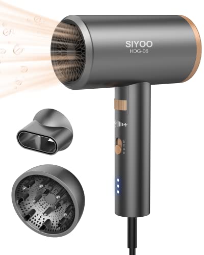SIYOO Hair Dryer with Diffuser, 1600W Ionic Blow Dryer, Constant Temperature Hair Care Without Hair Damage, Lightweight Portable Travel, Hairdryer for Christmas Gifts