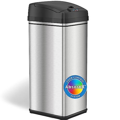 iTouchless 13 Gallon Automatic Trash Can with Odor-Absorbing Filter and Lid Lock, Power by Batteries (not included) or Optional AC Adapter (sold separately), Black / Stainless Steel