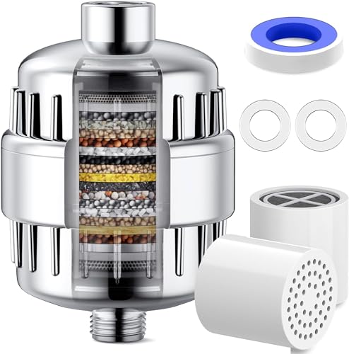 Shower Filter 20 Stage Shower Head Filter for Hard Water with 2 Replaceable Filter Cartridges Water Softener High Pressure Shower Water Filter Remove Chlorine Fluoride, Polished Chrome