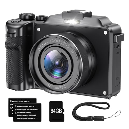 Camera for Photography, 4K Digital Camera Anti-Shake 56MP Compact Video Camera with 18X Digital Zoom, Travel Autofocus WiFi Vlogging Camera Point and Shoot Camera with 64GB TF Card, 2 Batteries