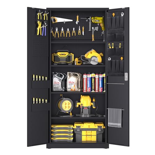 Metal Garage Storage Cabinet, 71' Black Lockable Heavy Duty Storage Cabinet with 2 Doors and 4 Adjustable Shelves, Tool Cabinet with Pegboard for Home, Office, Gym, Basement, Warehouse