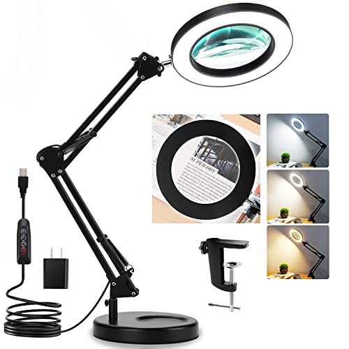 Magnifying Glass with Light and Stand, Veemagni 5X Real Glass 2-in-1 Desk Lamp & Clamp, 3 Color Modes Stepless Dimmable, LED Lighted Magnifier with Light for Hobby Reading Crafts Repair Close Works