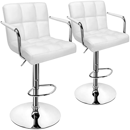 Huracan Bar Stools Set of 2 White Bar Chairs with Arms Swivel Counter Height Stools Adjustable Bar Stool with Back Bar Chair Armrest Modern Island Chairs for Kitchen 360 Degree (Black/White, 2pcs)