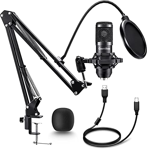 Caattiilaa USB Microphone - Professional Recording Microphone, 192KHZ/24Bit, Pop Filter, Boom Arm Set, Easy Installation, Compatible with PC, Laptop, Mobile