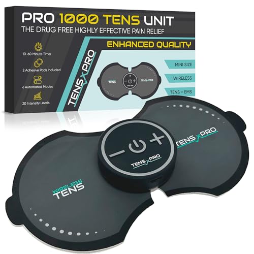 Pro 1000 Wireless Tens Unit for Pain Relief - Mini Tens Massager Portable Electric Muscle Stimulator - Deep Tissue EMS Pain Management Device - Pulse Therapy for Back Shoulder Neck Leg Arm (2 Pads)