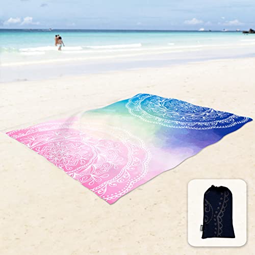 Sunlit Silky Soft 106'x81' Boho Sand Proof Beach Blanket Sand Proof Mat with Corner Pockets and Mesh Bag for Beach Party, Travel, Camping and Outdoor Music Festival, Blue and Pink Mandala