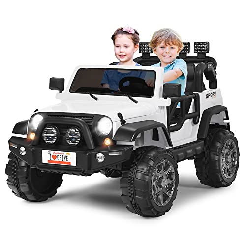 Costzon 2-Seater Ride on Truck, 12V Battery Powered Electric Vehicle Toy w/Remote Control, 3 Speed, LED Lights, MP3, Horn, Music, 2 Doors Open, Spring Suspension, Ride on Car for Kids (White)
