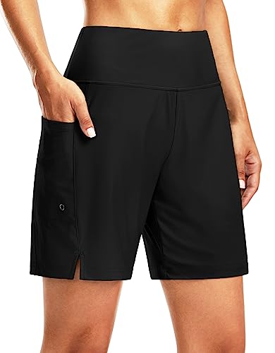 G Gradual Women's 7' Long Swim Board Shorts High Waisted Quick Dry Beach Swimming Shorts for Women with Liner Pockets(Black,L)