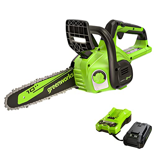 Greenworks 24V 10' Cordless Compact Chainsaw (Great For Storm Clean-Up, Pruning, and Firewood / 125+ Compatible Tools), 2.0Ah Battery and Charger Included