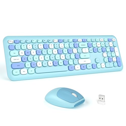 Wireless Keyboard and Mouse Combo - MOFII Blue Full-Sized Plug and Play Colorful Keyboard - Silence Keycap Keyboards with USB-A 2.4G Receiver, for Laptop, Windows, PC, Desktop