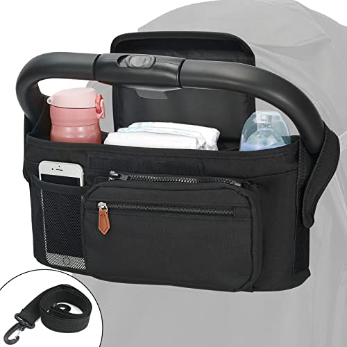 Stroller Organizer with Cup Holder, Universal Stroller Caddy Accessories Baby Stroller Bag Organizer with Detachable Zippered Pocket Non-Slip Straps, Fits For any Stroller - Black