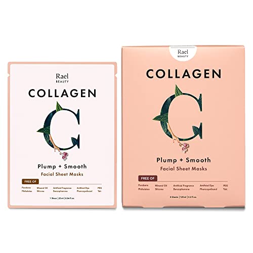 Rael Face Mask Skin Care, Collagen Face Masks - Bamboo Facial Sheet Mask with Collagen Essence and Fruit Extracts, All Skin Types, Nourishing and Moisturizing (Collagen, 5 Sheets)