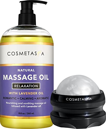 Sensual Lavender Massage Oil with Massage Roller Ball - No Stain 100% Natural Blend of Spa Quality Oils for Romantic, Calming, Aromatic, Soothing Massage Therapy