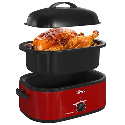 Sunvivi Electric Roaster,18 Quart Roasting Oven with Self-Basting Lid Removable Pan,Turkey Roaster Oven with 150 to 450F Temperature Control Cool-Touch Handles,Red
