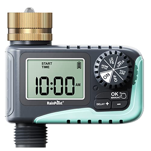 RAINPOINT Sprinkler Timer with Brass Swivel, Water Timer for Garden Hose, Programmable Hose Timer with Rain Delay/Manual Watering, Digital Irrigation Timer System for Lawns, 1 Outlet