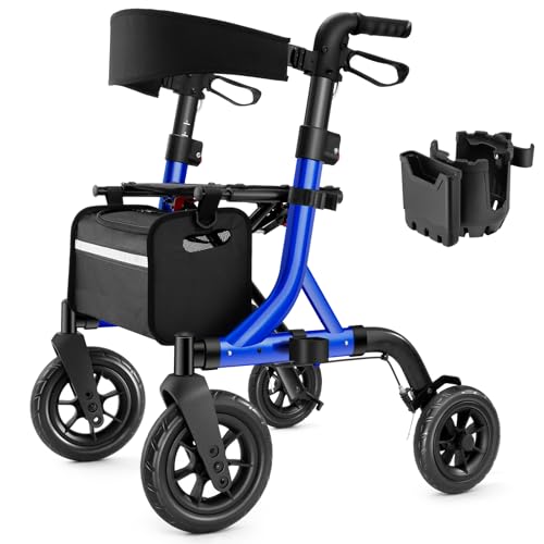 MAXWALK Walkers for Seniors, Rollator Walker with Seat, 10' Rubber Wheels All Terrain Rollator Walker with Backrest, Aluminum Walkers Built-in Cable, Foldable and Adjustable Height for Seniors, Blue